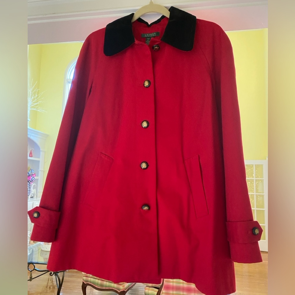 Lauren Ralph Lauren Medium Red Equestrian Style Coat with Black Collar Like New.